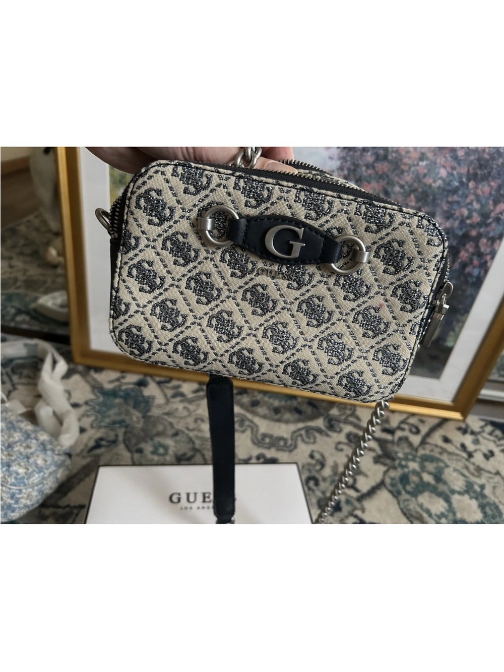GUESS Beige and Black Monogram Crossbody with Chain Detail